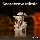 Scarecrow Mimic miniature by Mia Kay M3DM — wicker-textured creature with spiked hat, outstretched arms, jagged teeth, and a screaming face emerging from the base.
