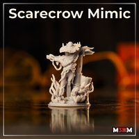 Scarecrow Mimic miniature by Mia Kay M3DM — wicker-textured creature with spiked hat, outstretched arms, jagged teeth, and a screaming face emerging from the base.