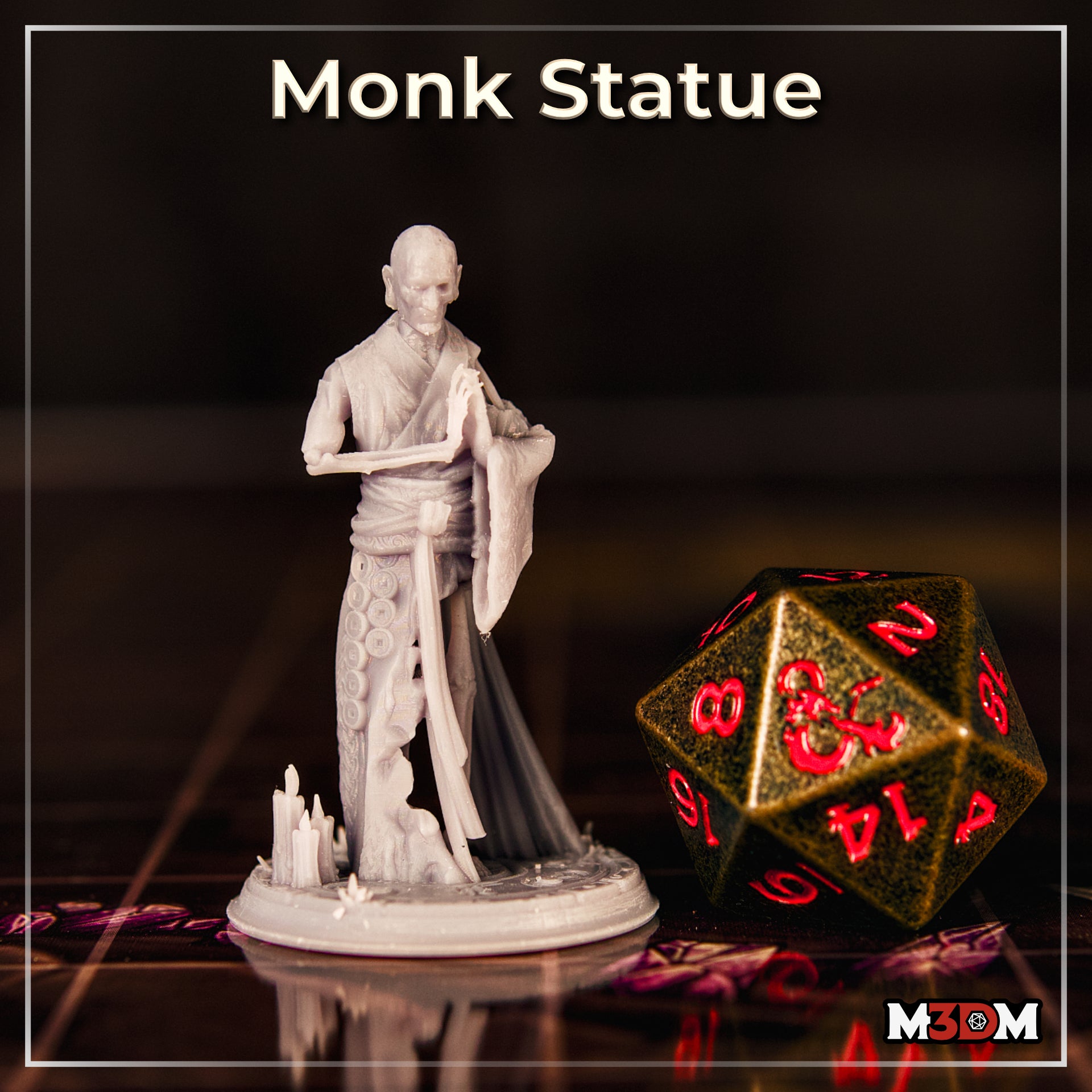 Same monk sculpt shown at gaming-table scale beside a large d20; robes with knotwork collar and cross-laced belt clearly visible, candle-clustered base beneath. Mia Kay M3DM.