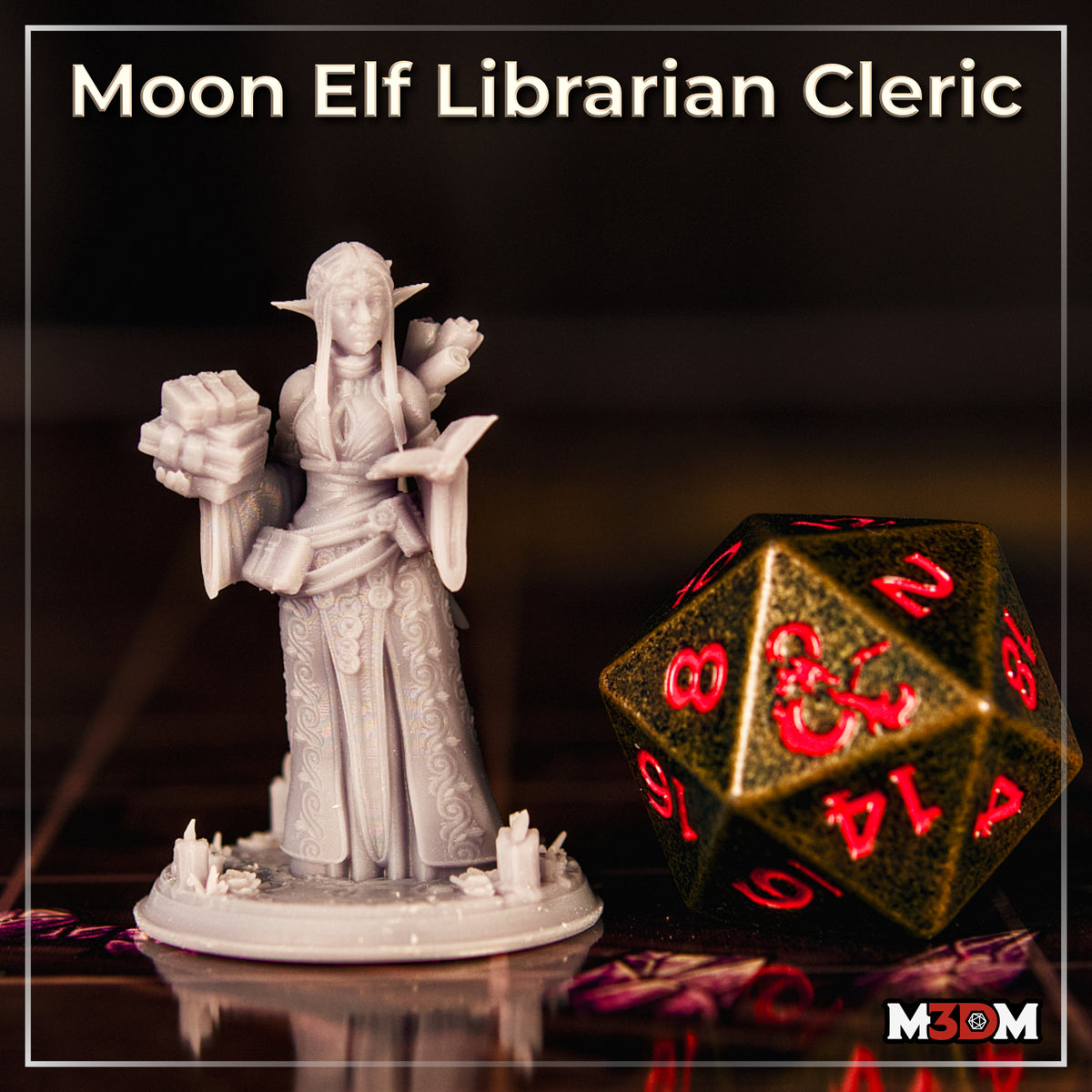 Moon Elf Librarian Cleric by Mia Kay M3DM — rear view showing the figure's long flowing hair, book and scroll held outward, richly patterned robe with botanical motifs on the back panel, and the candle-and-crystal scenic base visible from behind alongside a printed photograph of the assembled miniature at gaming scale.