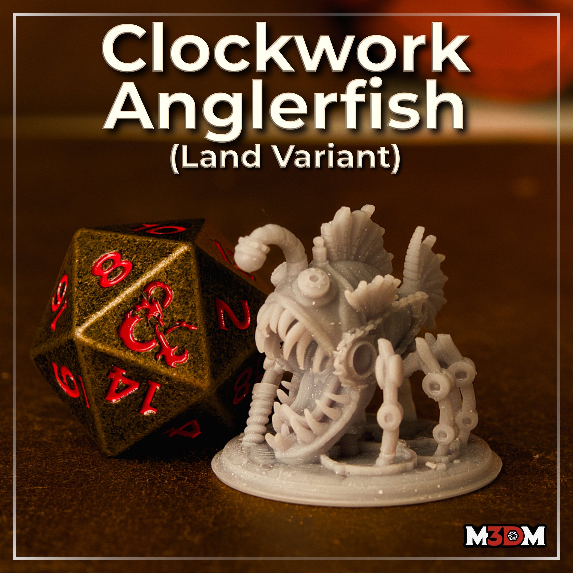 Clockwork Anglerfish Land Variant by Mia Kay M3DM — grey resin print beside a D20 for scale, showing serrated teeth, segmented mechanical limbs, layered fin structures, and a curved pipe lure above the body.