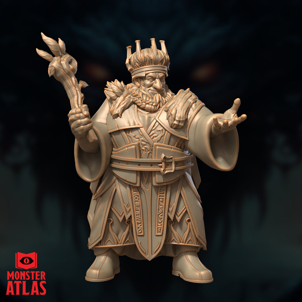 Full front view of Pikkel Bouldershoulder dwarf druid miniature with both arms outstretched, displaying the full runic knotwork on his tabard panel, braided beard, and spiked crown in detail — unpainted gold resin 32mm scale