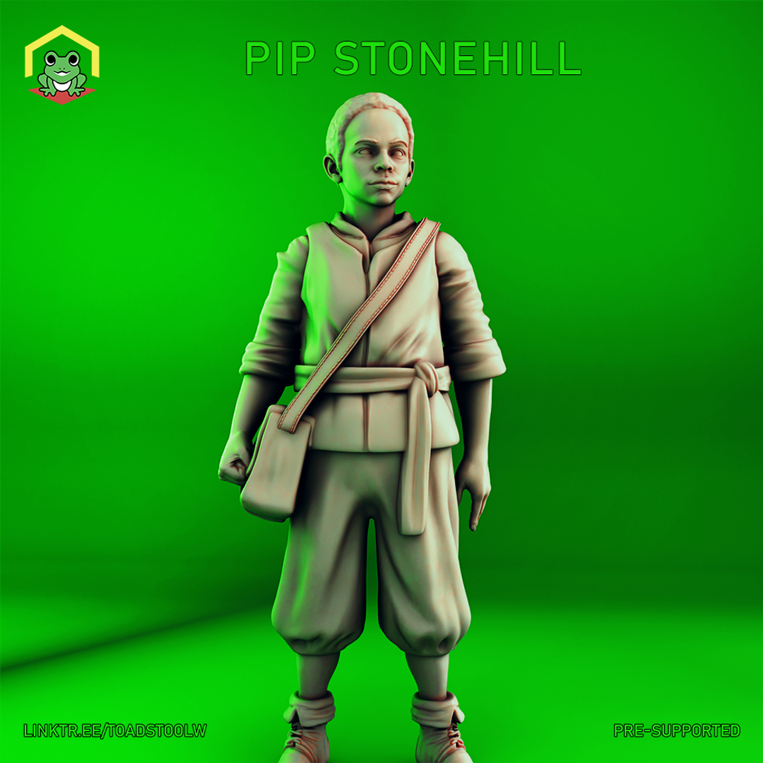 Digital render of Pip Stonehill, an unpainted 32mm resin miniature of a young human boy in layered practical travelling clothes with a crossbody satchel and wrapped belt, sculpted by The Toadstool Weaver