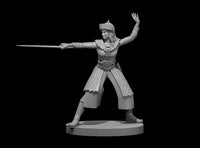 Female warrior in quilted scale armour and spiked helm, lunging forward with a slender sword extended at full reach, free arm raised at shoulder height. Ornate belt and layered tassets. Sculpt by MZ4250.