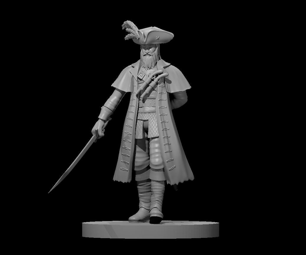 Bearded male pirate captain standing upright, holding a cutlass at his side and a flintlock pistol across his chest, wearing a feather-plumed tricorn hat and long buttoned coat with cape shoulders, tall boots. Sculpt by MZ4250.