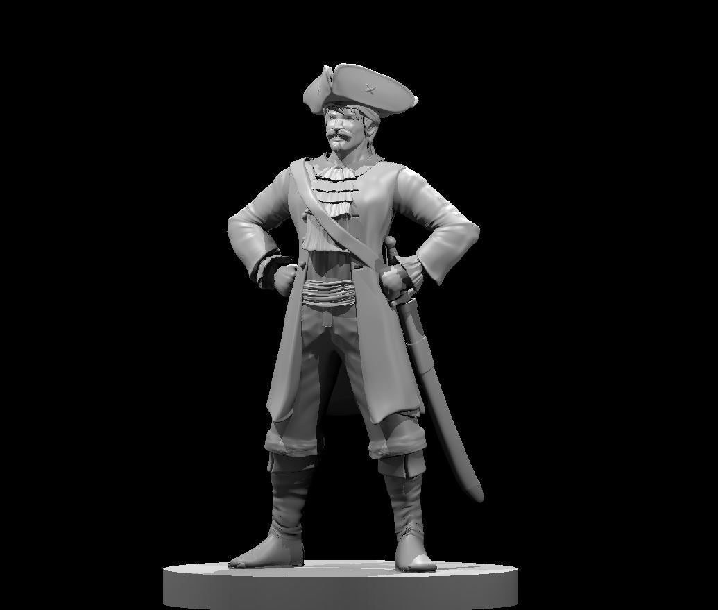Male pirate captain standing with hands on hips, wearing a tricorn hat, long coat, ruffled cravat, and sash, with a cutlass at his hip. Sculpt by MZ4250.
