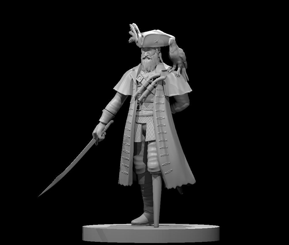 Bearded male pirate captain standing upright, holding a rapier lowered at his side, with a parrot perched on his right shoulder. Wears a feathered tricorn hat and long button-detailed coat. Sculpt by MZ4250.