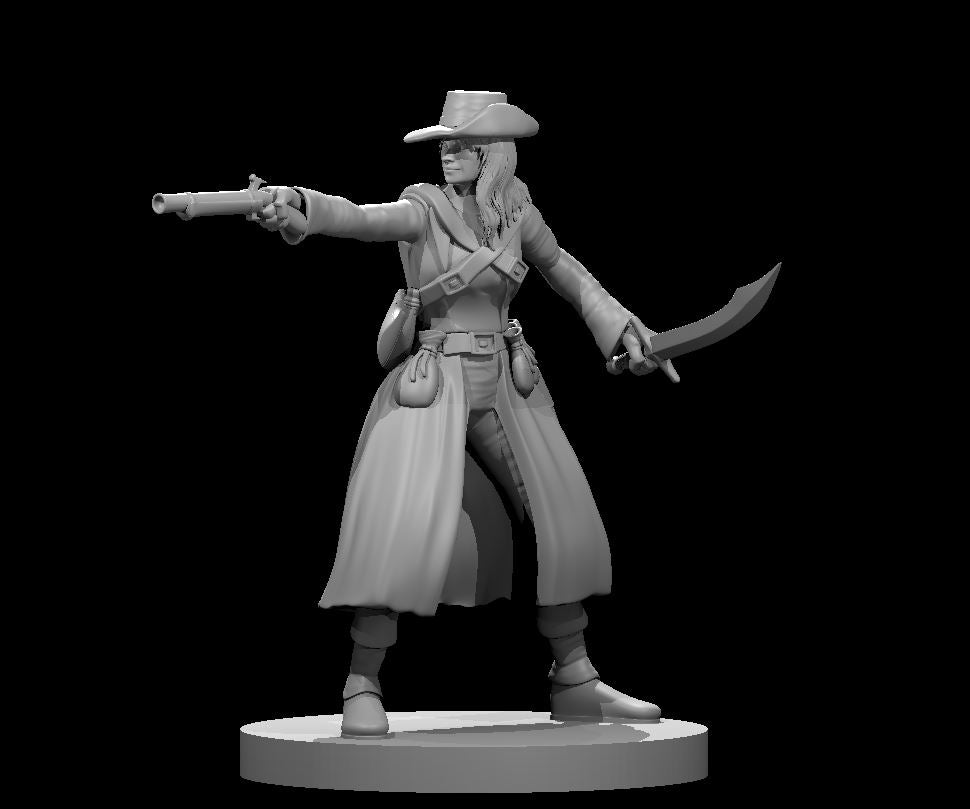Female pirate miniature standing with one arm extended aiming a flintlock pistol, cutlass held low in the other hand, wearing a broad-brimmed hat and long duster coat with belt pouches. Sculpt by MZ4250.