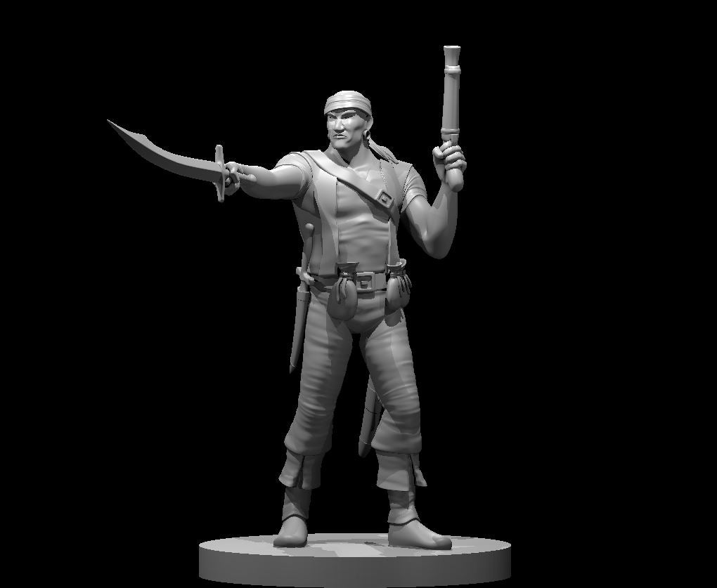 Male pirate miniature standing with a curved cutlass extended forward and a flintlock pistol raised overhead, wearing a bandana, open shirt, and belted pouches. Sculpt by MZ4250.