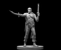 Male pirate miniature standing with a curved cutlass extended forward and a flintlock pistol raised overhead, wearing a bandana, open shirt, and belted pouches. Sculpt by MZ4250.