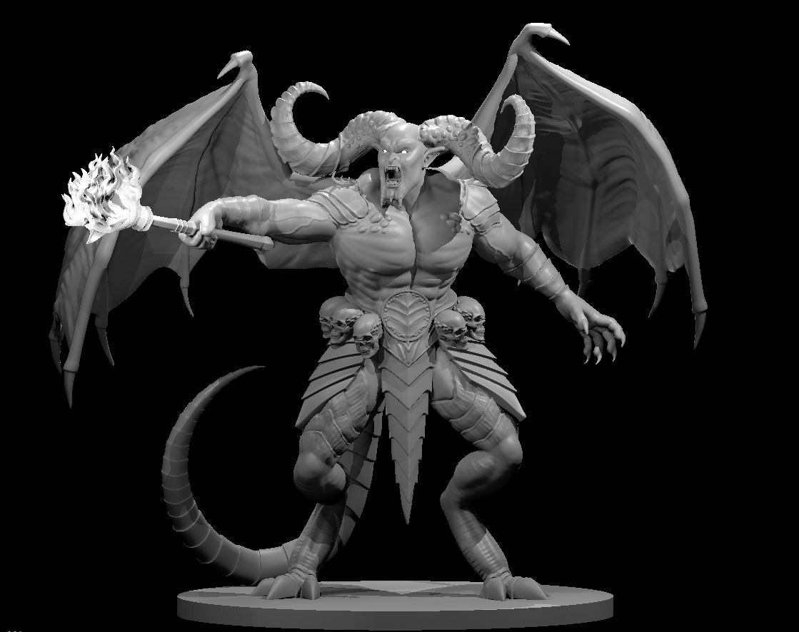 Winged pit fiend striding forward, brandishing a flaming mace, with large curved horns, skull-adorned waist armour, coiled tail, and wide-spread bat-like wings. Sculpt by MZ4250.