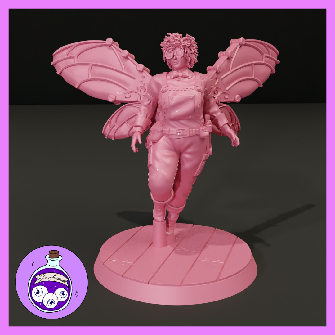 Digital render of an unpainted pink resin Pixie Armourer miniature — a stout female pixie in dungarees, bow tie, and a tool belt, wearing steampunk goggles pushed up over curly hair, with four large mechanical insect-style wings spread wide behind her. She stands mid-stride on an integrated round base with a floorboard texture. Sculpted by Ella's Arcanum Minis, printed at 32mm scale.