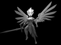Winged female Planetar miniature holding a long greatsword at her side, one fist clenched, flame-like hair rising upward, large feathered wings spread wide, ornate shoulder-mounted wing fittings, flowing robes. Sculpt by MZ4250.