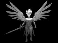 Winged male celestial standing upright, holding a long tapered sword at his side, with flaming hair erupting upward. Wide feathered wings spread behind him, connected by ornate shoulder mounts. Sculpt by MZ4250.