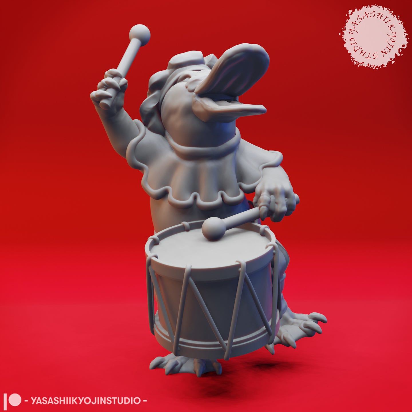 Grey resin render of a platypus folk miniature dressed in a ruffled jester collar and small hat, playing a snare drum with both drumsticks raised — one arm high in the air — viewed from the front at 32mm scale