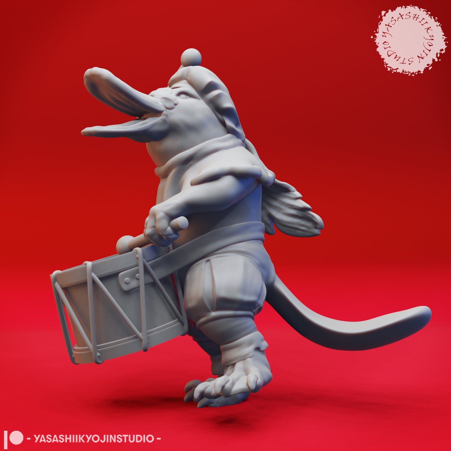 Grey resin render of a rat folk miniature in a long coat and jester cap, marching with a drum slung at the hip and one drumstick raised, long tail extended behind — side view showing full sculpt detail