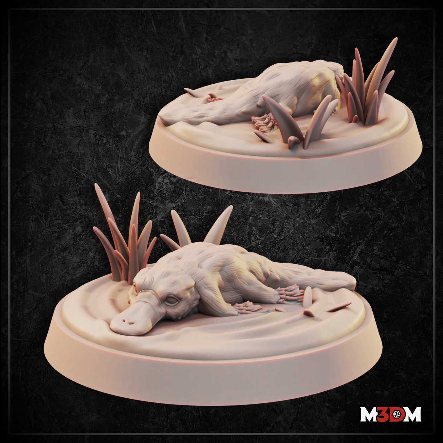 Two digital render views of an unpainted resin platypus miniature on scenic oval bases with rippled water and marsh reeds — front-facing variant in foreground, rear-angled variant behind, shown against a dark textured background