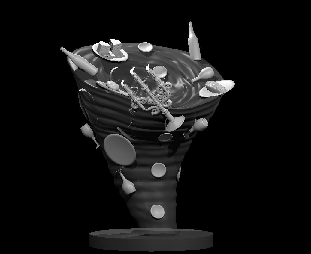 Poltergeist miniature by MZ4250 — a swirling dark vortex form with wine bottles, goblets, plates, cutlery and a lit candelabra orbiting outward from its body.