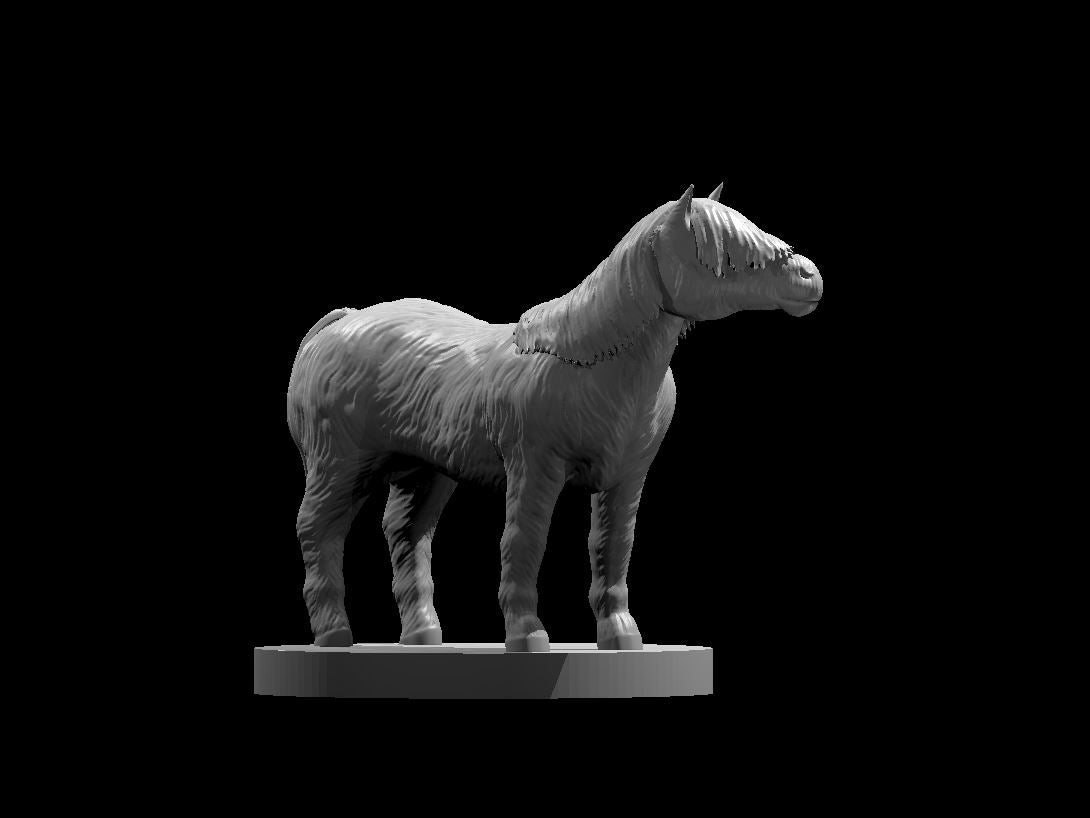 Stocky pony miniature standing at rest, unadorned except for a beaded neck collar, thick shaggy mane falling to one side, heavily feathered legs, sculpted by MZ4250.