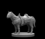 Stocky pony miniature fitted with a Western-style saddle, buckled saddlebags, and a bridle, thick mane and feathered legs visible, standing square on a round base, sculpted by MZ4250.