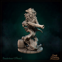 Skeletal female pirate ghost gripping a large blunderbuss, wild hair flowing from beneath a skull-adorned tricorn hat. Lower body dissolves into ghostly smoke beside a powder barrel on a ship-deck base. Sculpt by Great Grimoire.