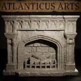 Gothic stone fireplace with heavily textured ashlar stonework, arched firebox opening, decorative gothic panelling across the broad mantel shelf, iron grate, and unlit log arrangement. Sculpt by Atlanticus Arts.