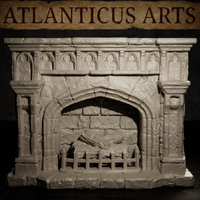 Gothic stone fireplace with heavily textured ashlar stonework, arched firebox opening, decorative gothic panelling across the broad mantel shelf, iron grate, and unlit log arrangement. Sculpt by Atlanticus Arts.