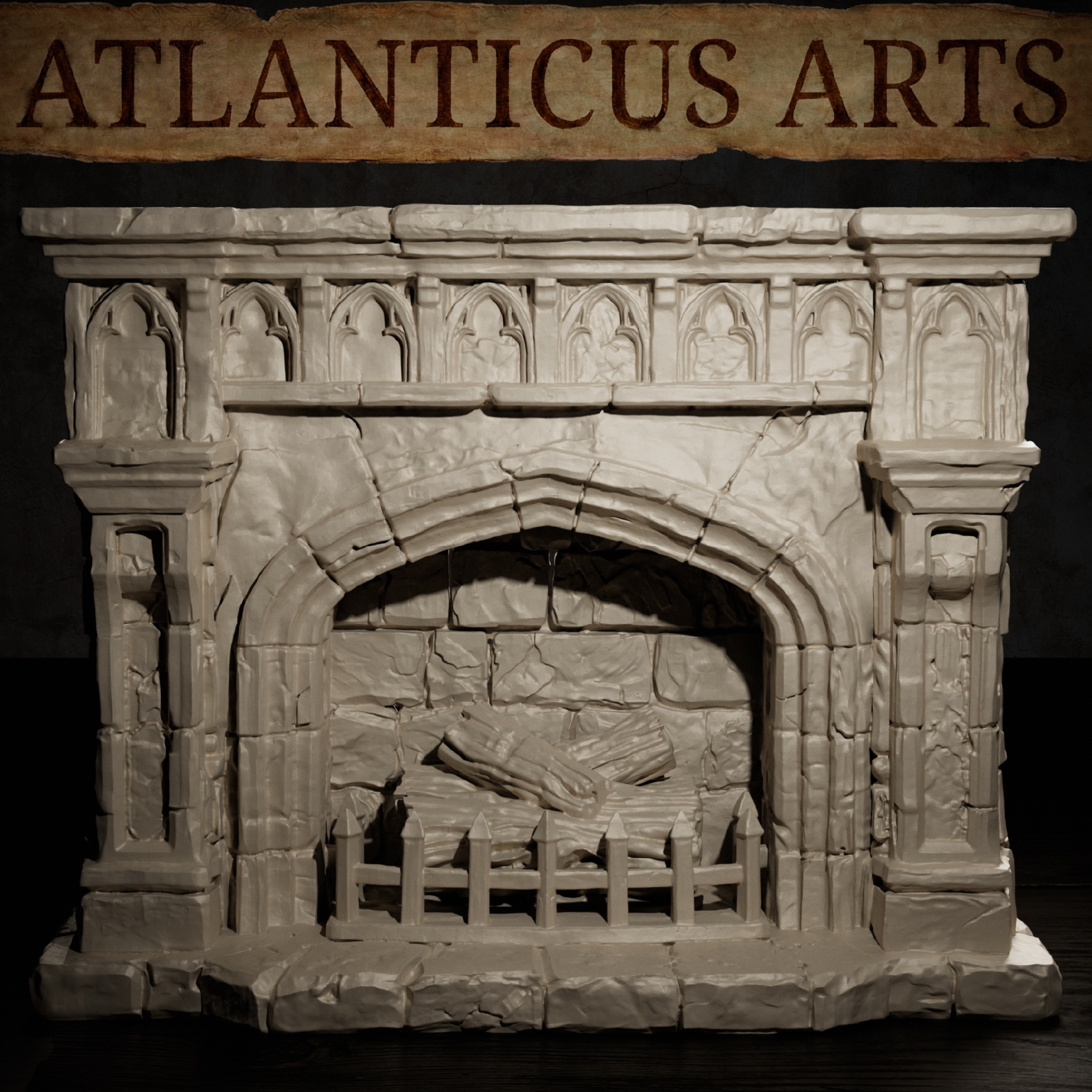 Gothic stone fireplace with heavily textured ashlar stonework, arched firebox opening, decorative gothic panelling across the broad mantel shelf, iron grate, and unlit log arrangement. Sculpt by Atlanticus Arts.