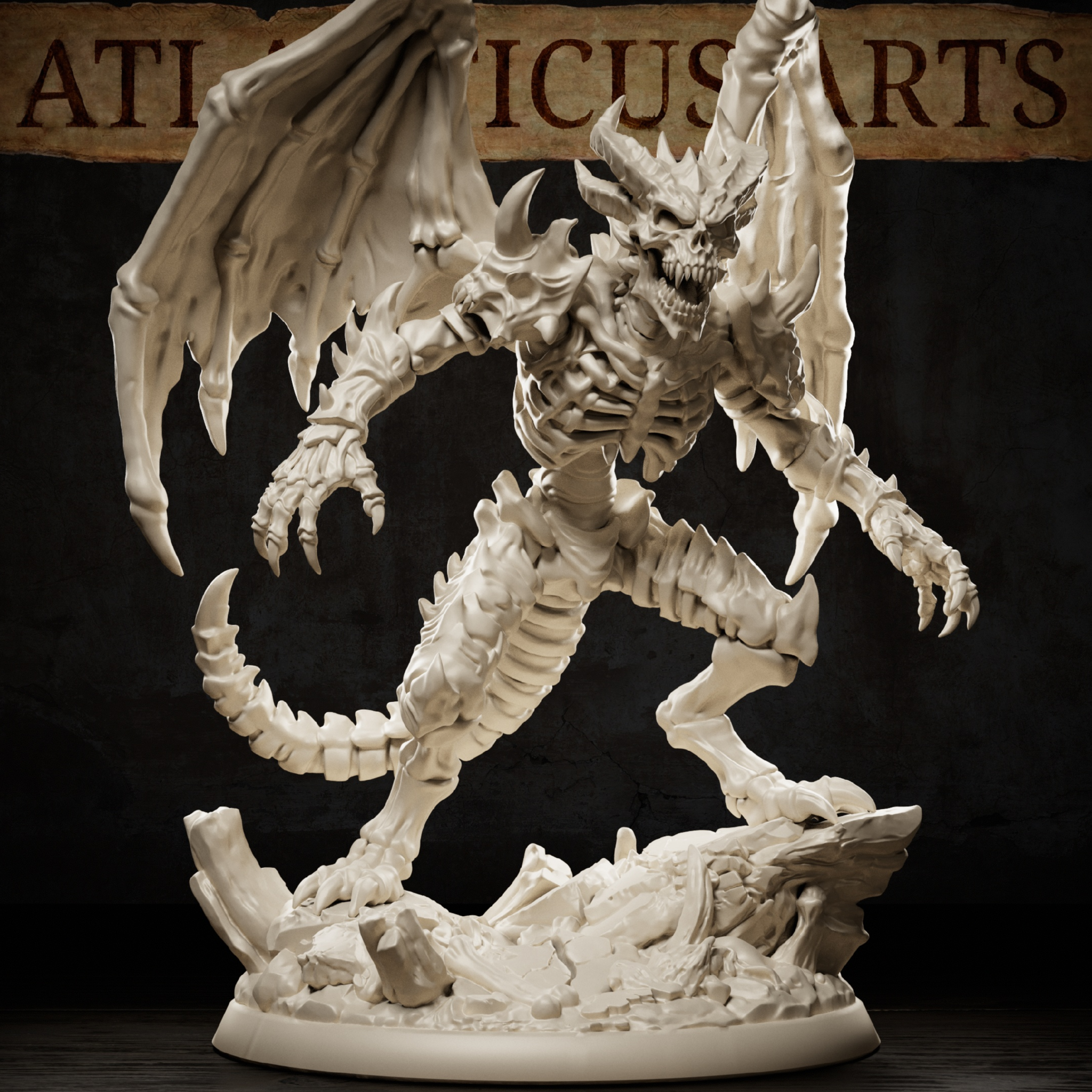 Bone Devil miniature by Atlanticus Arts — full-body view showing the creature upright with bat wings spread behind it, skeletal torso and spiked tail curling at the base, clawed hands outstretched, on a rubble-strewn base with broken stone fragments.