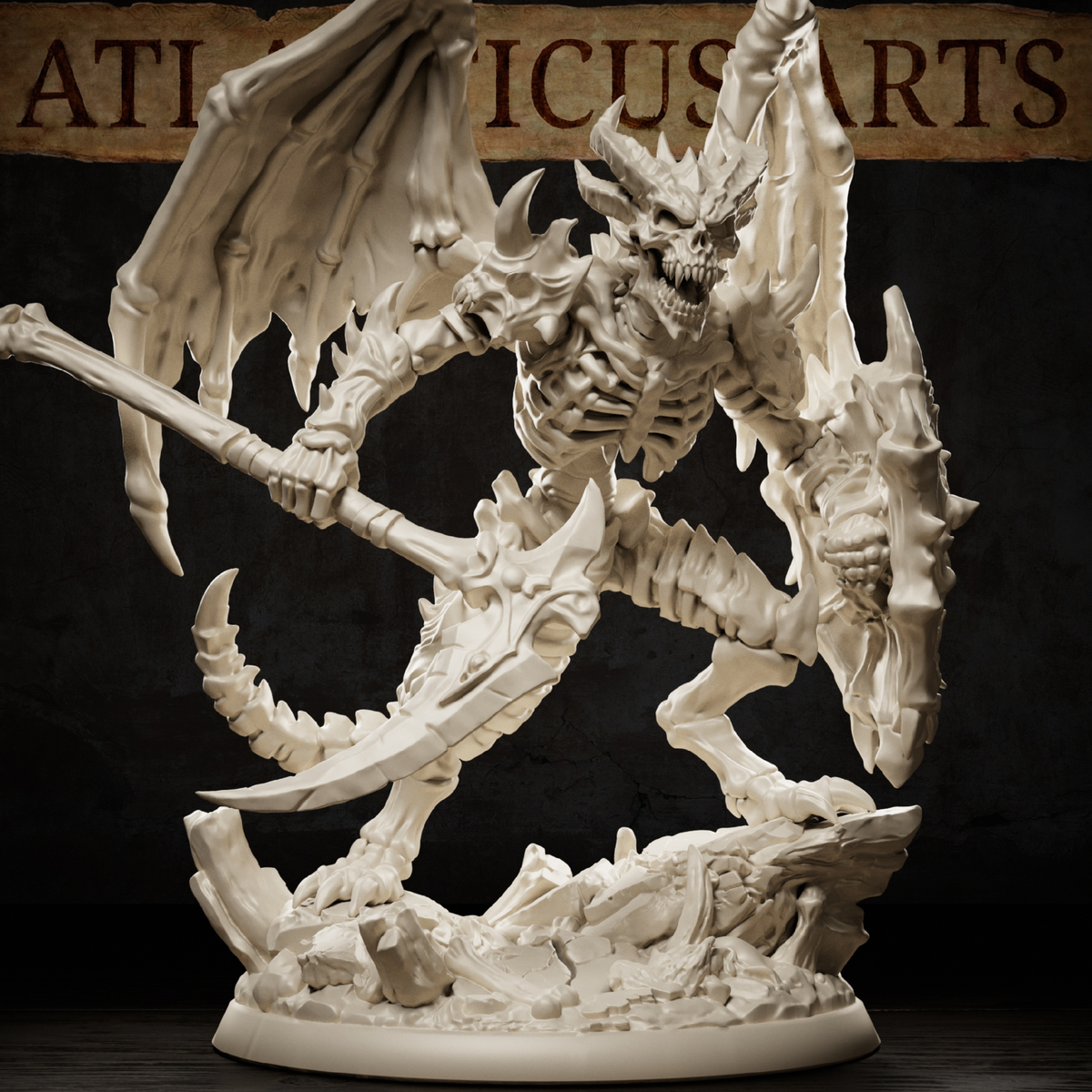 Bone Devil miniature by Atlanticus Arts — skeletal winged devil with horned skull head, exposed rib bones and barbed bone protrusions across chest and arms, crouching stance with wings fully extended, posed on a scenic shattered stone base.