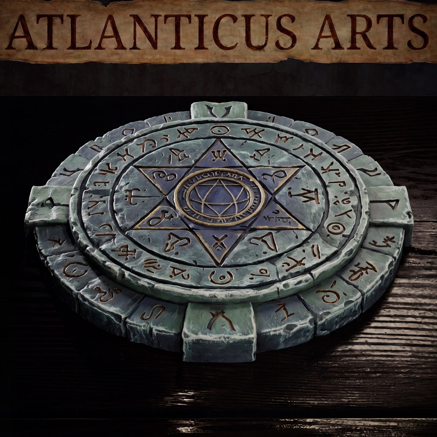 Top-down angled view of a circular stone summoning circle showing layered rune-etched tiers, a bold hexagram design across the inner disc, and a central sealed geometric motif surrounded by dense arcane script. Sculpt by Atlanticus Arts.