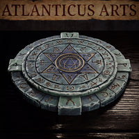 Top-down angled view of a circular stone summoning circle showing layered rune-etched tiers, a bold hexagram design across the inner disc, and a central sealed geometric motif surrounded by dense arcane script. Sculpt by Atlanticus Arts.