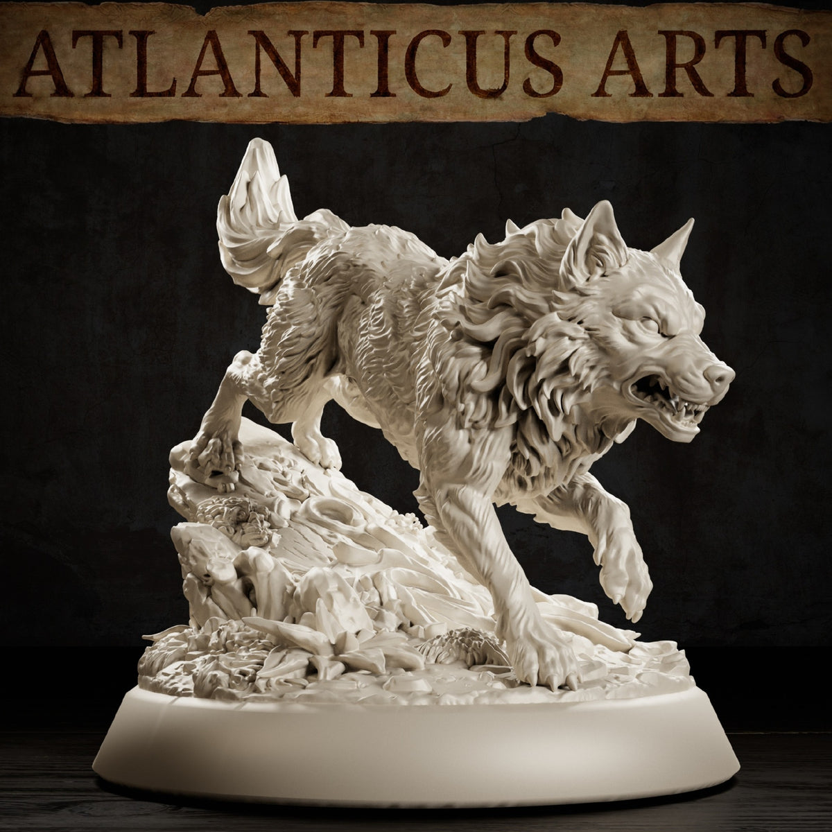 Atlanticus Arts Blink Dog miniature: wolf sculpt with deeply textured fur mane and fierce open-mouthed expression, raised haunches and outstretched front leg over a rough stone and rubble scenic base.