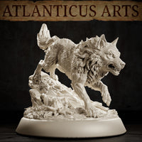 Atlanticus Arts Blink Dog miniature: wolf sculpt with deeply textured fur mane and fierce open-mouthed expression, raised haunches and outstretched front leg over a rough stone and rubble scenic base.