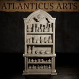 Close render of the Atlanticus Arts potion cabinet showing varied bottle silhouettes across upper shelves and two prominent skulls on middle shelves, with small vials crowding the lower open-bar shelves.