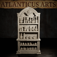 Close render of the Atlanticus Arts potion cabinet showing varied bottle silhouettes across upper shelves and two prominent skulls on middle shelves, with small vials crowding the lower open-bar shelves.