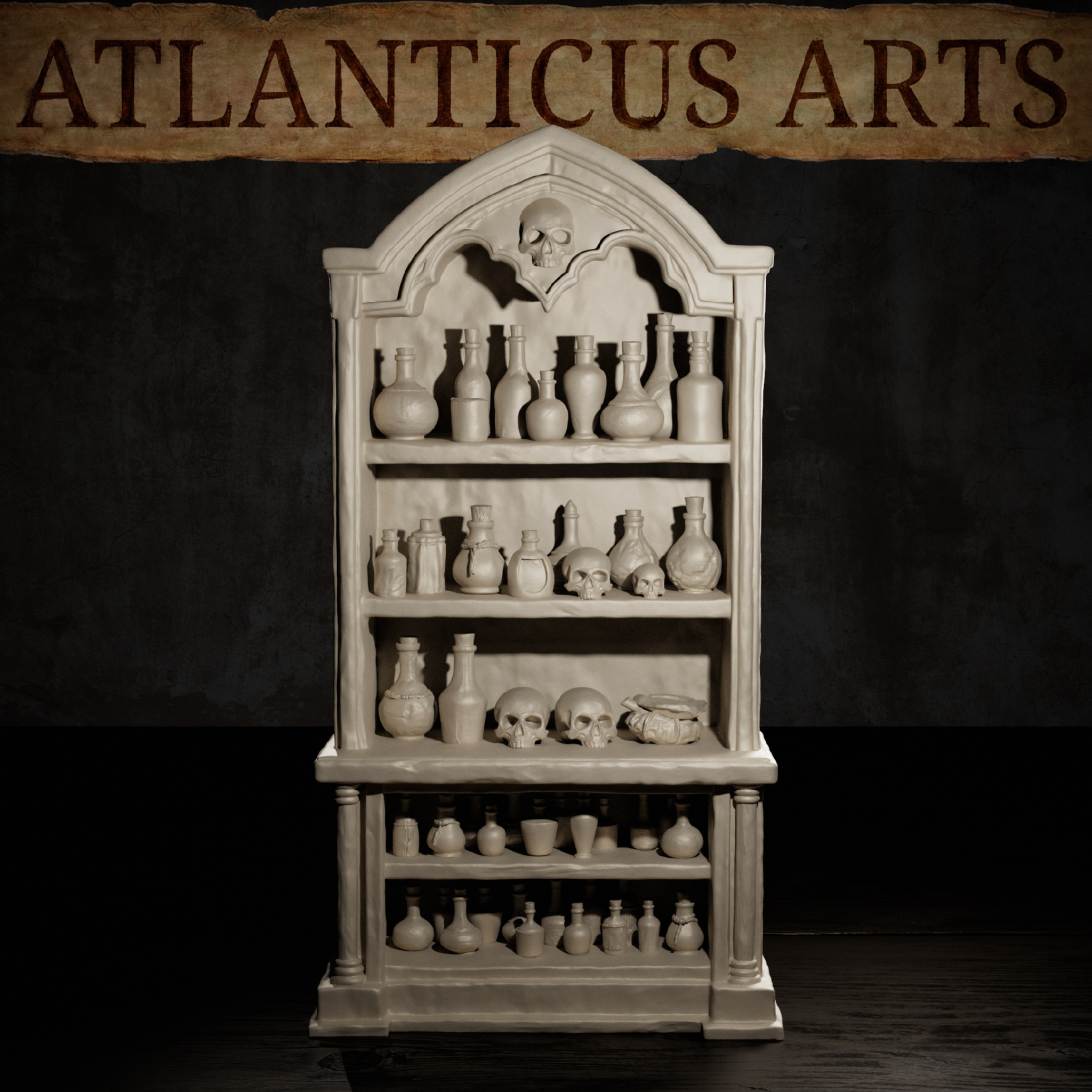 Close render of the Atlanticus Arts potion cabinet showing varied bottle silhouettes across upper shelves and two prominent skulls on middle shelves, with small vials crowding the lower open-bar shelves.