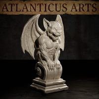 Gargoyle miniature by Atlanticus Arts viewed from slightly below, revealing lean ribbed musculature, large pointed ears, and detailed bat-wing membrane, mounted on a tiered stepped base.