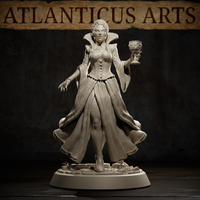 Vampire Noble by Atlanticus Arts — close-up showing the figure's face with lips parted in a snarl, braided hair, high-collared coat swept behind her, and a detailed carved goblet raised in her right hand.