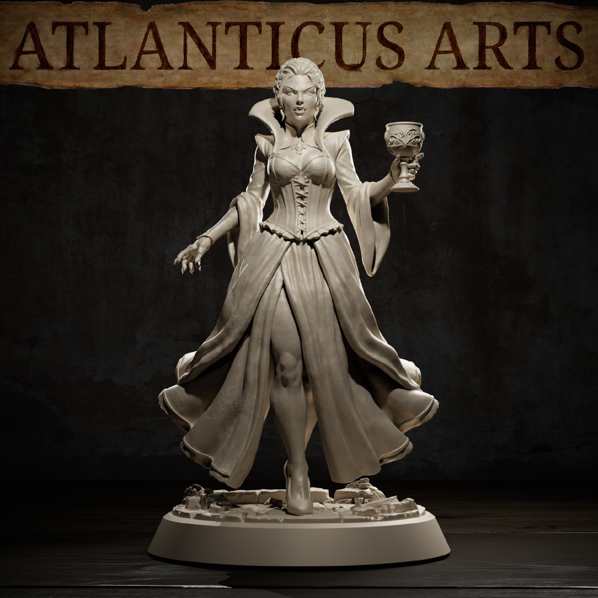 Vampire Noble by Atlanticus Arts — close-up showing the figure's face with lips parted in a snarl, braided hair, high-collared coat swept behind her, and a detailed carved goblet raised in her right hand.