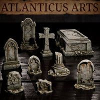 Eight graveyard scatter terrain pieces on a dark reflective surface showing cracked stonework, root-covered bases, a carved sarcophagus with recumbent figure relief, Gothic arched headstones, and a weathered stone cross. Sculpts by Atlanticus Arts.