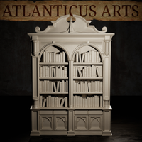 Gothic two-section bookcase showing packed shelves with books of differing heights — some upright, some leaning — beneath pointed arches, with decorative pilasters and a gothic panelled lower cabinet. Sculpt by Atlanticus Arts.