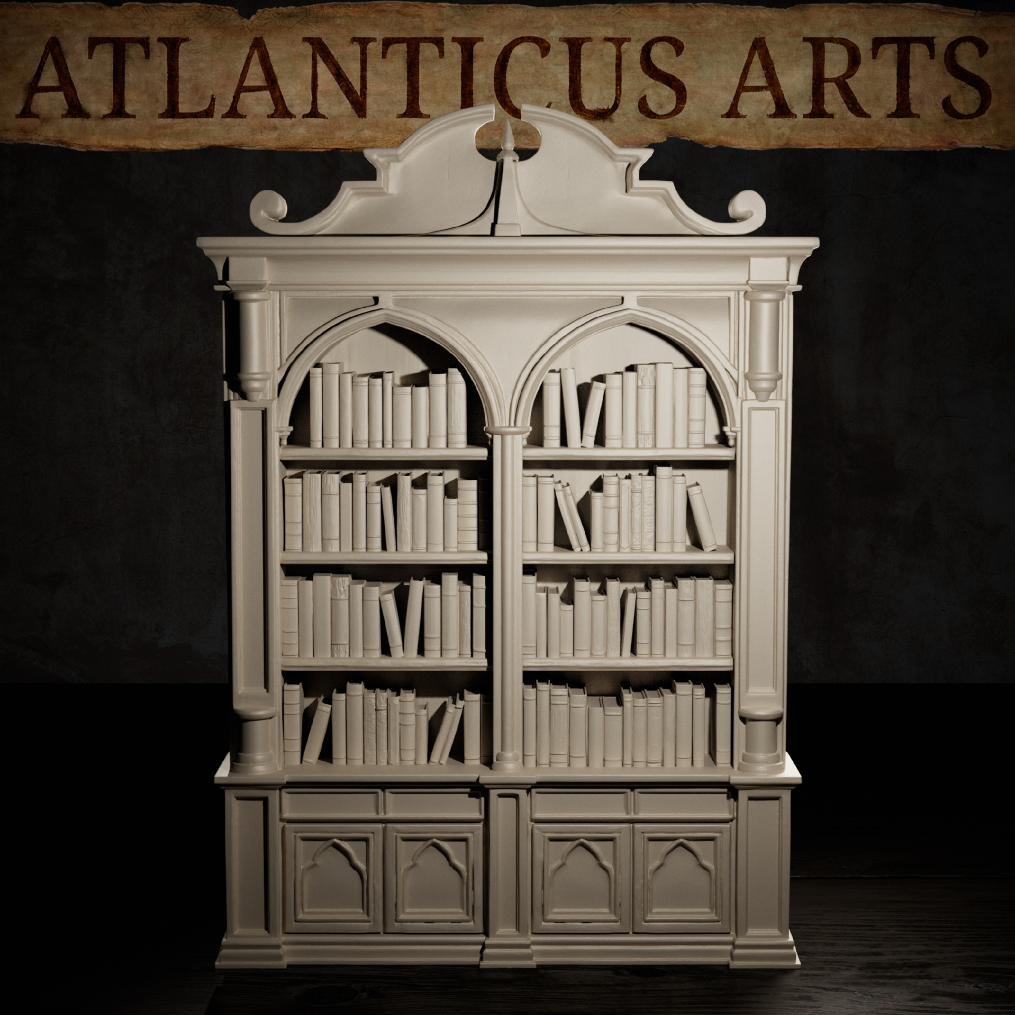 Gothic two-section bookcase showing packed shelves with books of differing heights — some upright, some leaning — beneath pointed arches, with decorative pilasters and a gothic panelled lower cabinet. Sculpt by Atlanticus Arts.