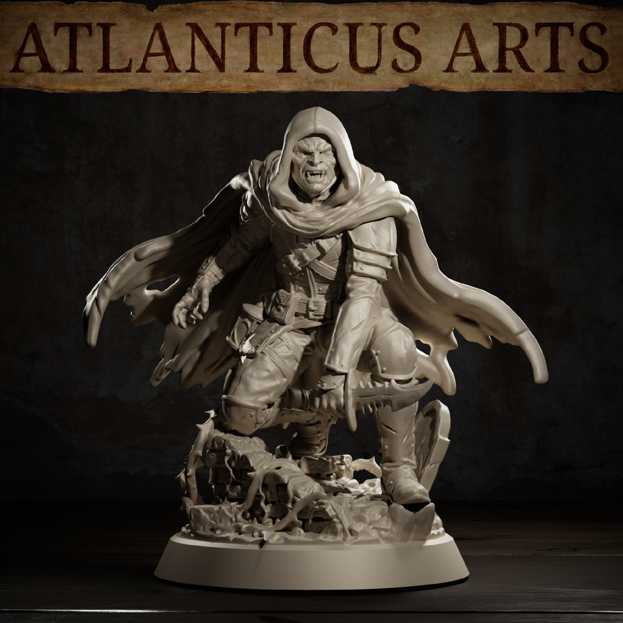 Snarling hooded vampire lord in a forward-leaning aggressive stance, tattered cloak torn at the hem, studded leg guards and cross-body leather straps, claw extended, base littered with broken stone and bone fragments. Sculpt by Atlanticus Arts.