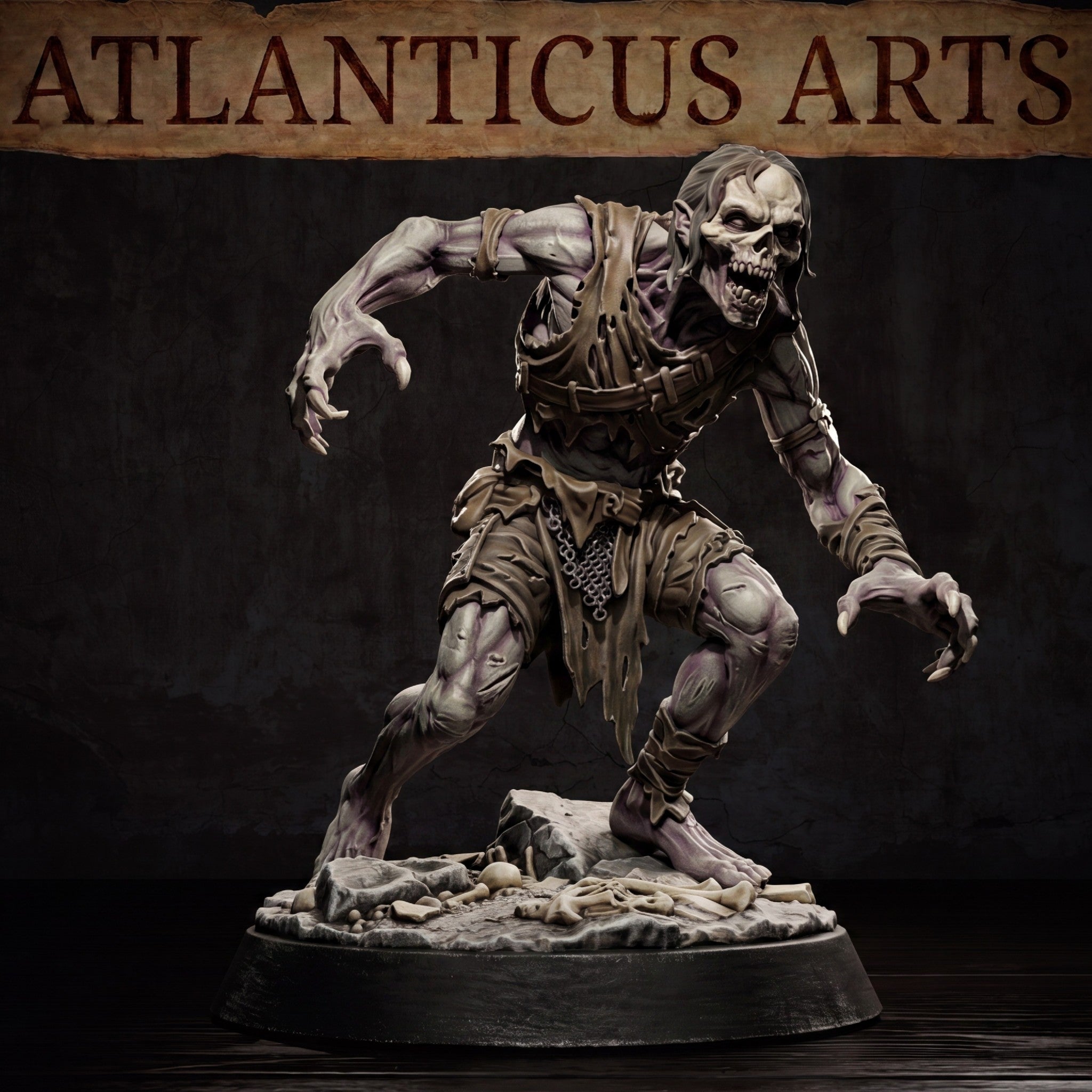 Ghoul miniature by Atlanticus Arts — low crouching undead with hollowed skull face locked in a snarl, sinewed arms reaching wide, shredded garments with belt and chainmail detail hanging from a skeletal frame, base covered in loose bones and broken stone.