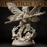 Pixie miniature by Atlanticus Arts shown with sharp facial expression and wild hair, gripping a staff with both hands, bark-textured clothing detailed with fine folds, wings spread, base featuring clustered mushrooms and curling forest tendrils.