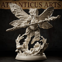 Pixie miniature by Atlanticus Arts shown with sharp facial expression and wild hair, gripping a staff with both hands, bark-textured clothing detailed with fine folds, wings spread, base featuring clustered mushrooms and curling forest tendrils.
