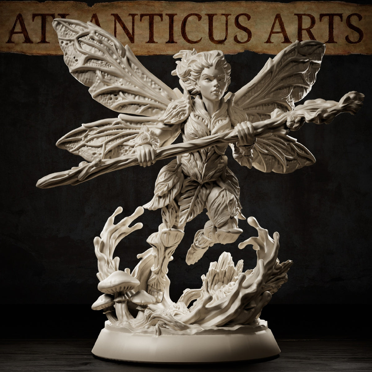 Pixie miniature by Atlanticus Arts shown with sharp facial expression and wild hair, gripping a staff with both hands, bark-textured clothing detailed with fine folds, wings spread, base featuring clustered mushrooms and curling forest tendrils.