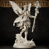 Fairy miniature with outstretched staff of budding wood, leaf-formed clothing, braided hair with foliage, and broad insect wings, posed mid-step on a detailed woodland debris base. Sculpt by Atlanticus Arts.