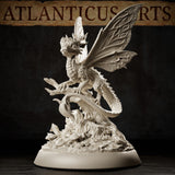 Fairy Dragon Youth by Atlanticus Arts: the dragonling's clawed feet grip a gnarled root, body leaning forward with wings fully extended showing detailed vein textures, feathered hindquarters and a naturalistic base of bark, fungi, and foliage.